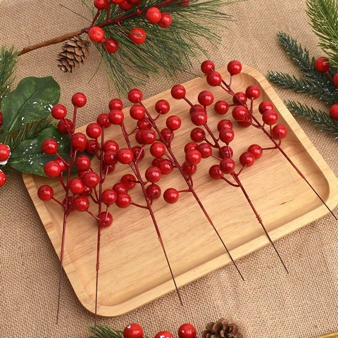 Realistic Artificial Red Berry Branches Multi Pronged Holly Berry Stems For Christmas Decor Home Holiday Table Centerpiece