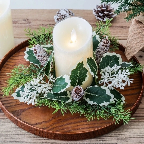 Couronne Anneau de Bougie de Noël Artificielle Aiguilles de Pin Baies Rouges Blanches Pommes de Pin Décoration Table