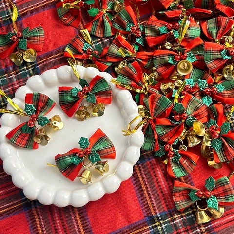 Weihnachten Karomuster Bogen Dekoration Mit Goldene Glocken Rot Grün Gitter Stoffschleifen Für Weihnachtsbaum Heimdeko Party DIY
