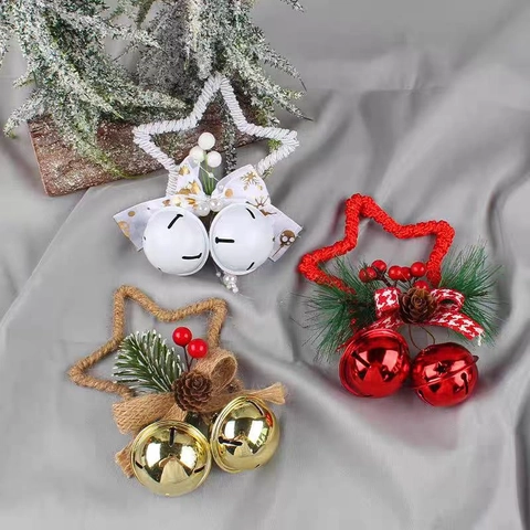 Handmade Christmas Star Hanging Ornament With Metal Bells Hemp Rope Pine Cone Berry Decor For Xmas Tree Window Decoration