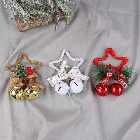 Handmade Christmas Star Hanging Ornament With Metal Bells Hemp Rope Pine Cone Berry Decor For Xmas Tree Window Decoration