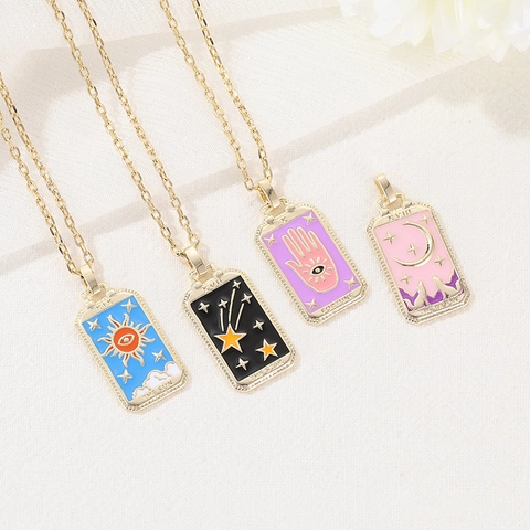 Tarot Card Pendant Necklace Gold Plated Copper Enamel Charm Hip Hop Street Style Sun Moon Star Fortune World Jewelry Gift