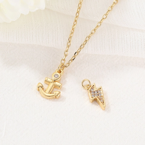 14K Gold Plated Copper Anchor Lightning Bolt Pendant With Zirconia For DIY Necklace Jewelry Making Accessories