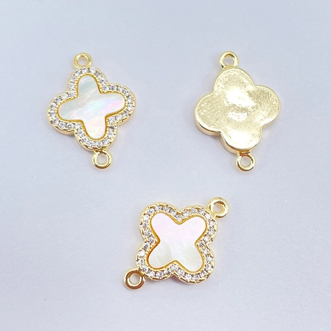 14K Gold Plated Brass Four Leaf Clover Connector With White Mother Of Pearl And Zirconia For DIY Necklace Bracelet Jewelry Making