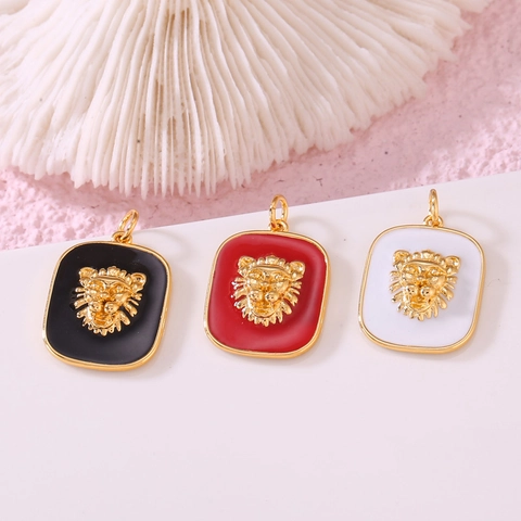 Colgante de Cabeza de León de Cobre Chapado en Oro 14K Charm Vintage de Esmalte Rectangular para Creación de Joyas Collar Pendiente