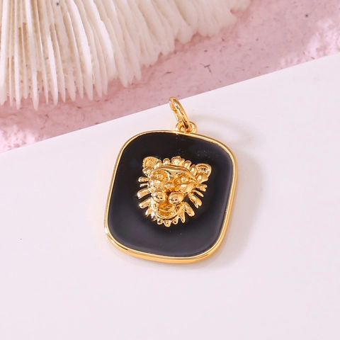Colgante de Cabeza de León de Cobre Chapado en Oro 14K Charm Vintage de Esmalte Rectangular para Creación de Joyas Collar Pendiente