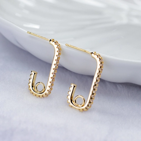 Minimalist Copper Safety Pin Crescent Moon Stud Earrings With 925 Sterling Silver Post Rhinestone Inlaid Gold Jewelry For Women