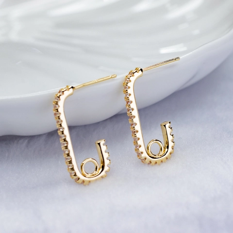 Minimalist Copper Safety Pin Crescent Moon Stud Earrings With 925 Sterling Silver Post Rhinestone Inlaid Gold Jewelry For Women