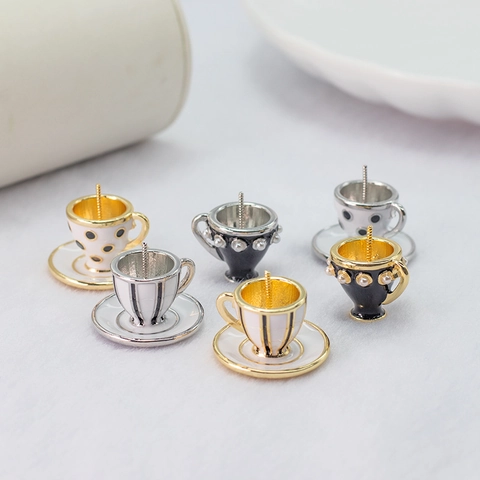 Miniature Copper Baroque Coffee Cup Saucer Charms For Jewelry Making Enamel Artificial Pearl DIY Pendant Accessories