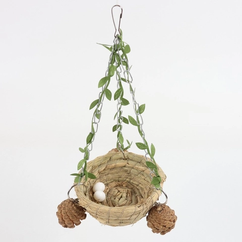 Nido per Uccelli Sospeso in Paglia Intrecciata a Mano Con Catena in Metallo Pigna Letto Altalena Decorativo per Pappagalli Piccoli Accessori Gabbia