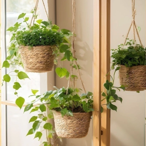 Vaso da Fiori Sospeso in Paglia Naturale Intrecciata Cesto in Vimini Intrecciato Montaggio a Parete Contenitore per Piante da Giardino Interno Esterno Decorazione Casa