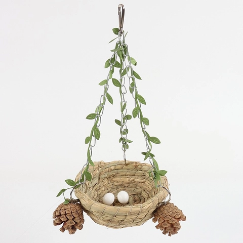 Nido per Uccelli Sospeso in Paglia Intrecciata a Mano Con Catena in Metallo Pigna Letto Altalena Decorativo per Pappagalli Piccoli Accessori Gabbia