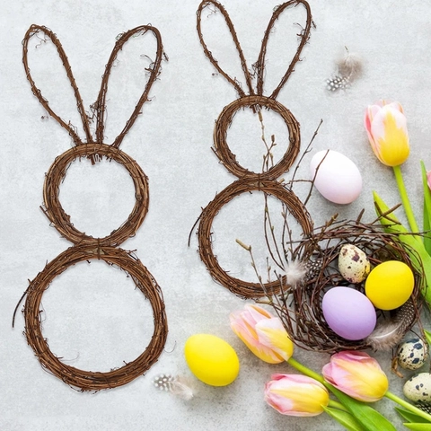 Handmade Rattan Rabbit Wreath Rustic Natural Vine Bunny Hanging Ornament For Easter Party Home Wall Door DIY Decor
