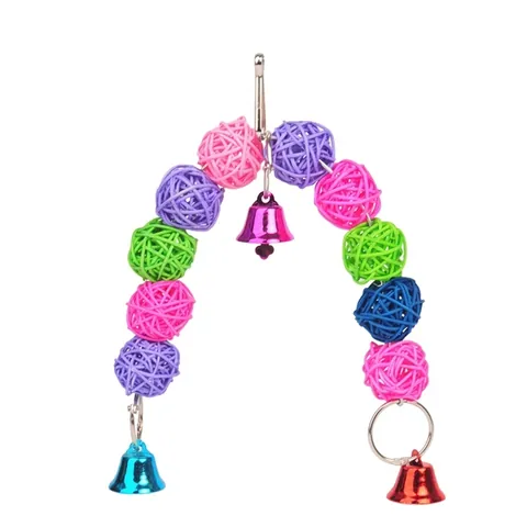 Multicolor Hand-Woven Rattan Ball Bird Toy With Metal Bells And Wooden Beads For Parrots Hanging Cage Decor Pet Accessory