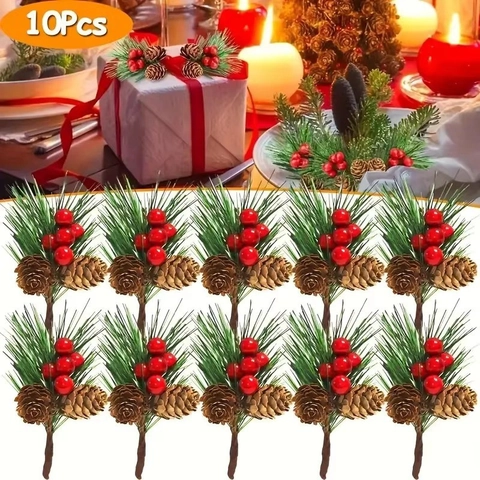 Weihnachts-Kiefernnadelzweige Künstliche Rote Beeren-Tannenzapfen-Pick Für Weihnachtsbaum-Kranz-Dekoration Haus Hochzeit Ornament