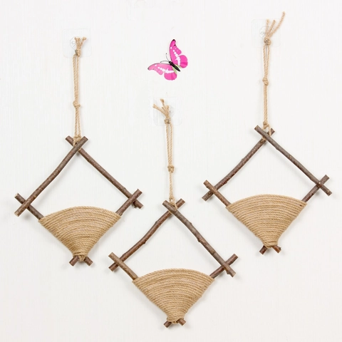 Rustic Handmade Wood Branch Hemp Rope Wall Hanging Geometric Boho Style Pastoral Home Decor For Living Room Bedroom