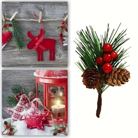 Artificial Christmas Pine Picks With Red Berries And Natural Pine Cones For Holiday Tree Ornaments DIY Wreath Decor