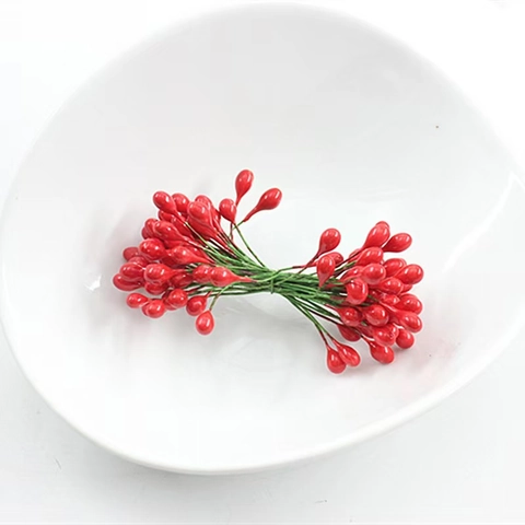 Kunstmatige Kerst Rode Bes Meeldraad Dubbelkoppige Gips Kralen Met IJzerdraad Stam Voor DIY Ambachtelijke Handgemaakte Bloem Accessoires