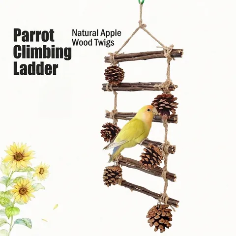 Natural Wood Parrot Climbing Ladder Toy With Pine Cones Hemp Rope Bird Cage Hanging Chewing Stand For Parrots Birds