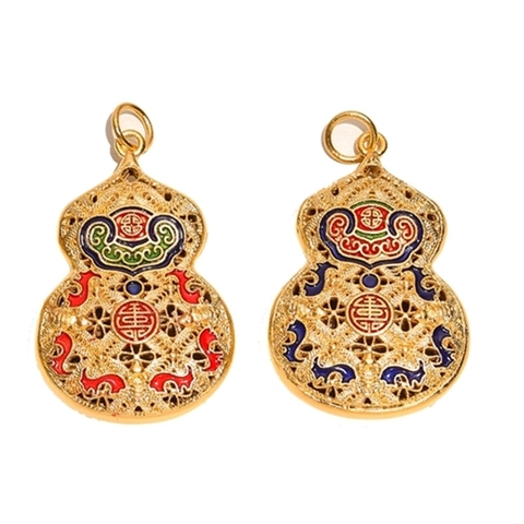 Vintage Chinese Style Copper Gourd Pendant Enamel Filigree Hollow Out Blessing Longevity Charm For Keychain Necklace Car Accessory Jewelry Gift