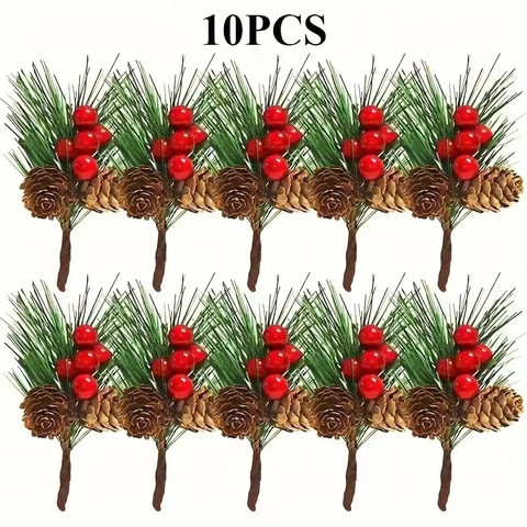 Artificial Christmas Pine Needles Red Berries Pine Cones Picks DIY Xmas Tree Wreath Garland Decoration Floral Pine Picks