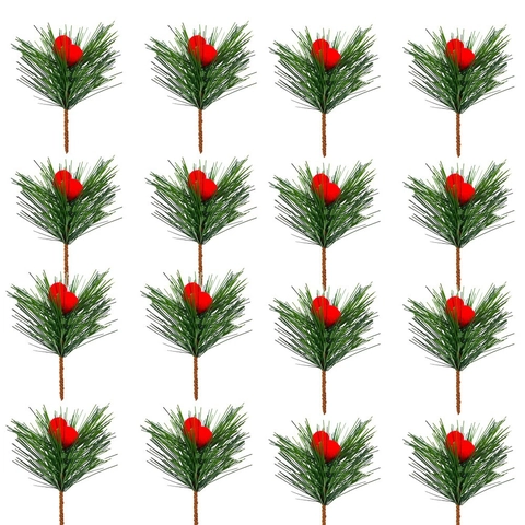 Picos de Pino de Navidad Artificiales Con Bayas Rojas Agujas de Pino Realistas Para Guirnaldas DIY Decoración Árbol Navidad
