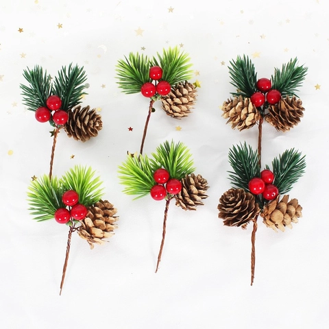 Künstliche Weihnachts Kiefernnadel Rote Beere Kiefernzapfen Stecker Für DIY Kranz Weihnachtsbaum Feiertags Geschenkbox Dekoration