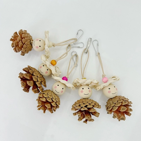 Natural Pinecone Parrot Toy Wood Bird Chewing Toy Hanging Cage Decor With Smiling Face For Small Medium Parrots Gift
