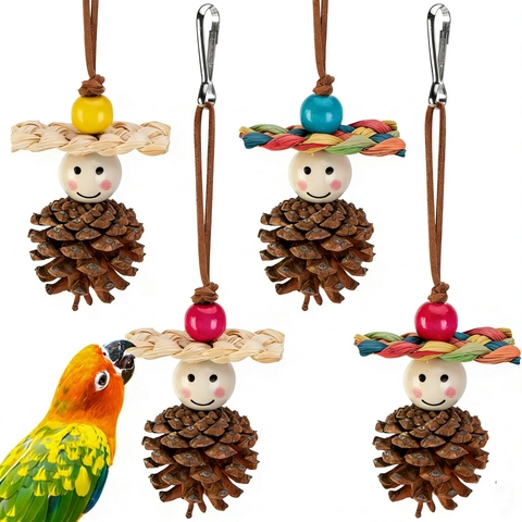 Natural Pinecone Parrot Toy Wood Bird Chewing Toy Hanging Cage Decor With Smiling Face For Small Medium Parrots Gift