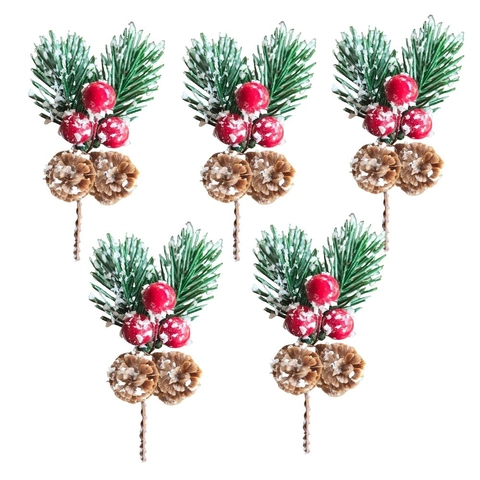 Plettri di Pino Artificiali Mini di Natale Aghi di Pino a Fiocco di Neve Bacche Rosse Pigne per Decorazione Scatola Regalo Fai-da-Te