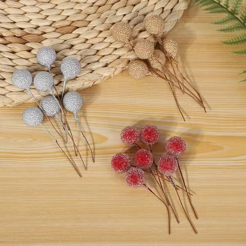 Artificial Holly Berries Stems Christmas Branches Foam Red Gold Silver Berry Sticks For Holiday Home Decor DIY Crafts