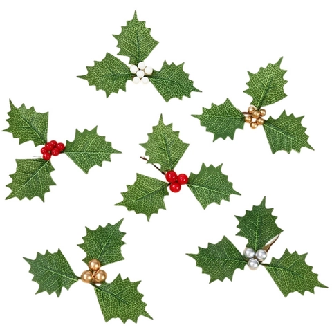 Künstliche Weihnachts-Stechpalmenblätter Und Beeren Gold Silber Rot Metallic Beeren Für Feiertags-DIY Kranz Baum Dekoration