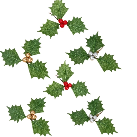 Künstliche Weihnachts-Stechpalmenblätter Und Beeren Gold Silber Rot Metallic Beeren Für Feiertags-DIY Kranz Baum Dekoration