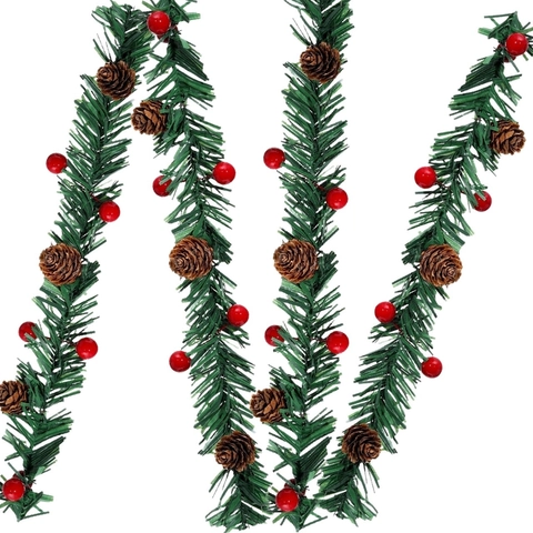 Artificial Christmas Garland Ties With Red Berries And Pine Cones For Railing Decoration PVC Pine Needle Ties Festive Party Decor