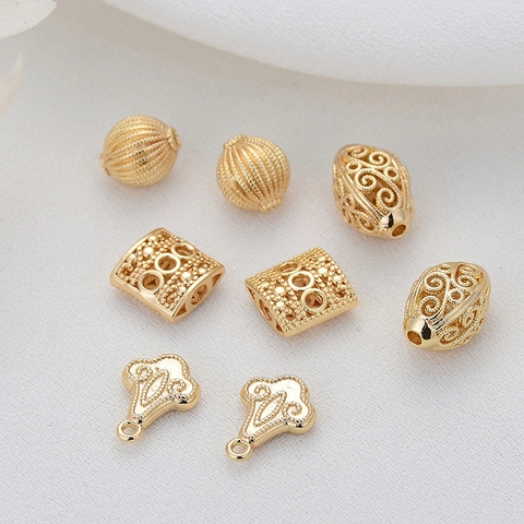 14K Gold Plated Hollow Copper Beads For DIY Jewelry Making Vintage Filigree Spacer Beads Oval Round Rectangular Shape Charms