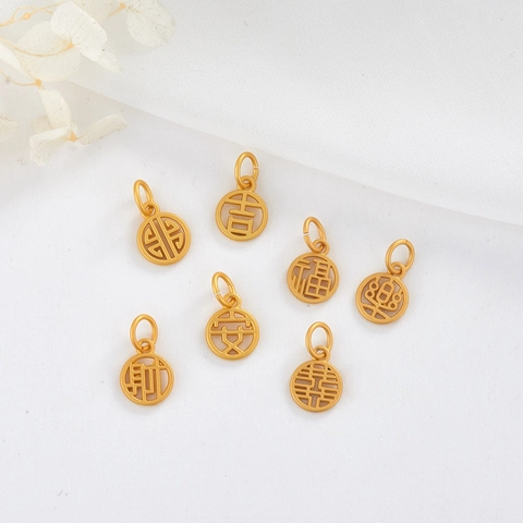 14K Gold Plated Copper Hollow Pendant For DIY Bracelet Necklace Making Chinese Character Blessing Fortune Auspicious Charm Jewelry Findings