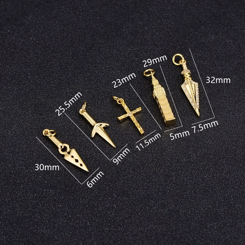 Copper 14K Gold Plated DIY Jewelry Pendant For Necklace Bracelet Making Dagger Cross London Big Ben Kunai Shape Charm For Women
