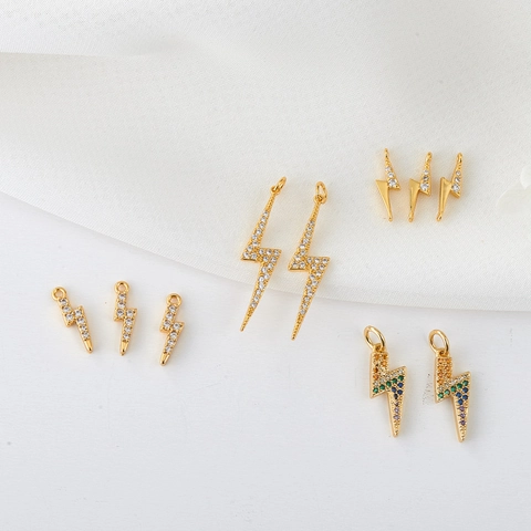 14K Gold Plated Copper Lightning Bolt Pendant With Zirconia For DIY Necklace Earring Making Minimalist Jewelry Accessory