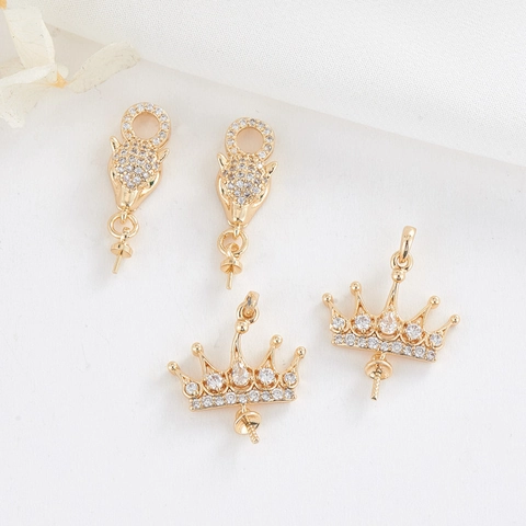 DIY Copper Zirconia Wolf Head Crown Pendants Electroplated Gold Pearl Base Jewelry Making Accessories For Women Elegant Pendants