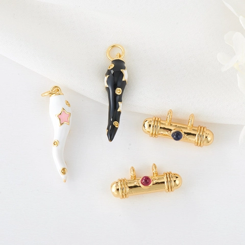Brass Enamel Italian Horn Chili Pendant For DIY Jewelry Making 14K Gold Plated Necklace Bracelet Accessories Cow Print Star Patterns Pendants