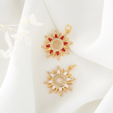 14K Gold Plated Sun Pendant Enamel Red White Star Charm With Zirconia For DIY Necklace Earring Jewelry Making Accessories