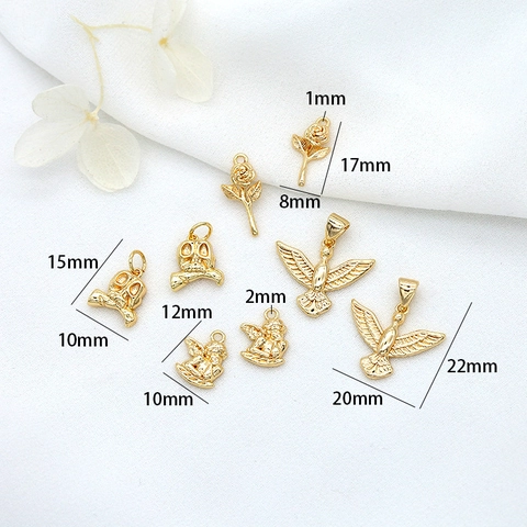14K Gold Plated Brass DIY Jewelry Making Pendants Rose Angel Skull Bird Shape Pendant Only (Without Chain)