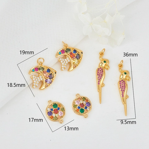 Copper Gold Plated Inlaid Colored Zirconia Fish Parrot Round Pendants For DIY Jewelry Making Necklace Bracelet Accessories