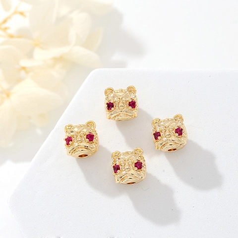 14K Gold Plated Brass Tiger Head Charm Beads With Red Zirconia Eyes For DIY Jewelry Making Accessories Bracelet Spacers