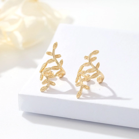 Vintage Copper Leaf Ear Cuffs For Women 14K Gold Plated Non-Pierced Cartilage Clip On Earrings Rhinestone Inlaid Jewelry