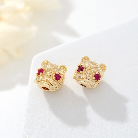 14K Gold Plated Brass Tiger Head Charm Beads With Red Zirconia Eyes For DIY Jewelry Making Accessories Bracelet Spacers