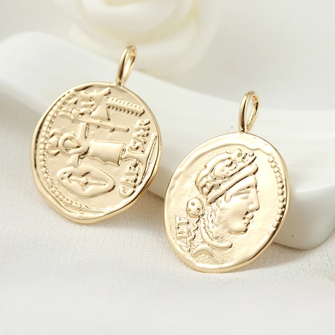 14K Gold Plated Copper Round Coin Pendant Vintage Portrait Commemorative Coin DIY Jewelry Making Accessories Hip Hop Style Pendants