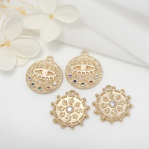 Vintage Round Evil Eye Coin Pendant For DIY Jewelry Making Copper Rhinestone Inlaid Gold Plated Celestial Charms Accessory
