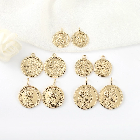 14K Gold Plated Copper Round Coin Pendant Vintage Portrait Commemorative Coin DIY Jewelry Making Accessories Hip Hop Style Pendants