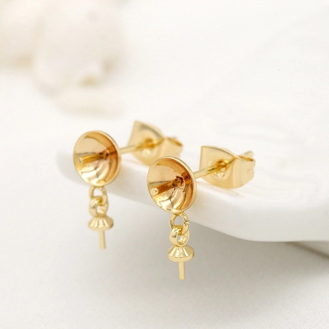 Copper 14K Gold Plated DIY Pearl Cup Stud Earring Bases With Loop 925 Sterling Silver Earring Post Jewelry Making Accessories